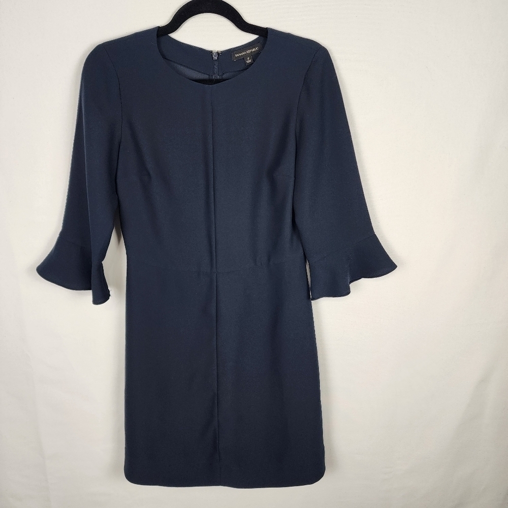 Banana Republic Navy Blue Bell Sleeve Shift Dress Size 2 Mini Crepe Career